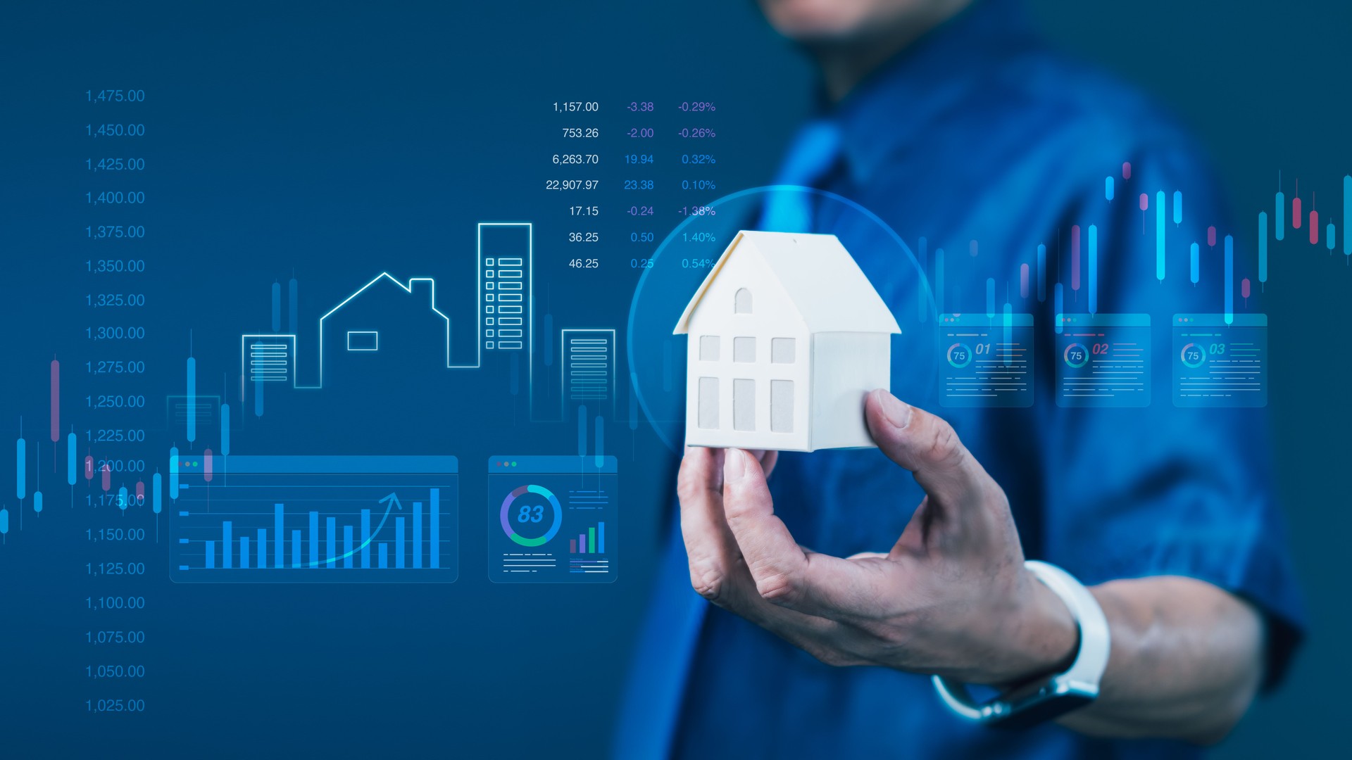 Businessman holding house model with digital financial dashboard for smart housing investment and market performance analysis