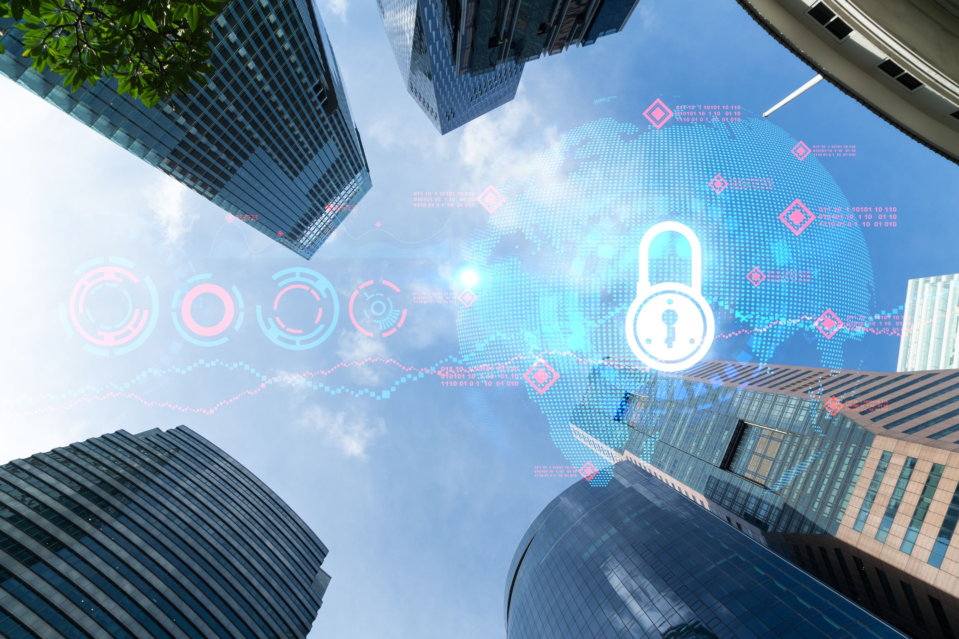 Padlock icon hologram on low, wide angle view of glass and steel contemporary skyscrapers in financial downtown. The concept of success in cyber security intelligence. Multi exposure