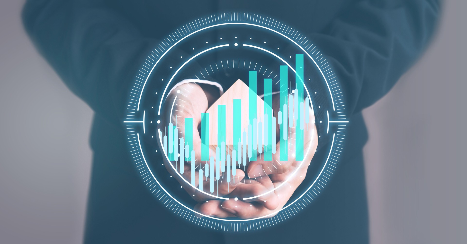 Business Real Estate Agent man holding home model for investment and cyber hub graphic stock graph